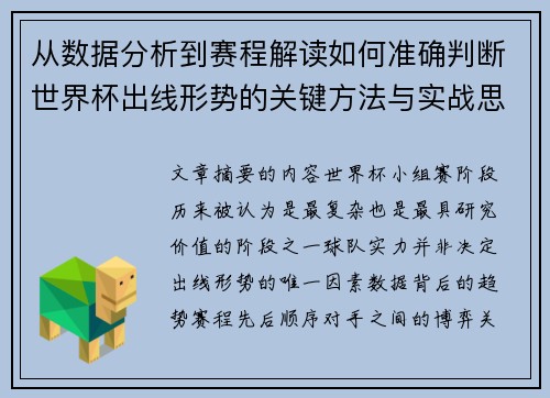从数据分析到赛程解读如何准确判断世界杯出线形势的关键方法与实战思路
