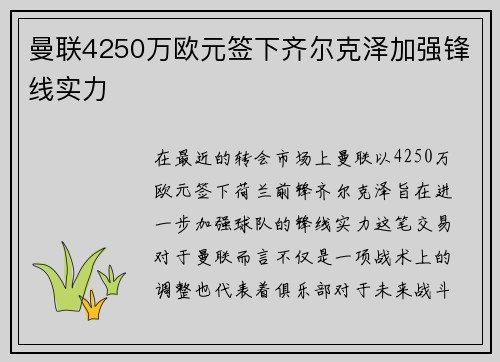 曼联4250万欧元签下齐尔克泽加强锋线实力